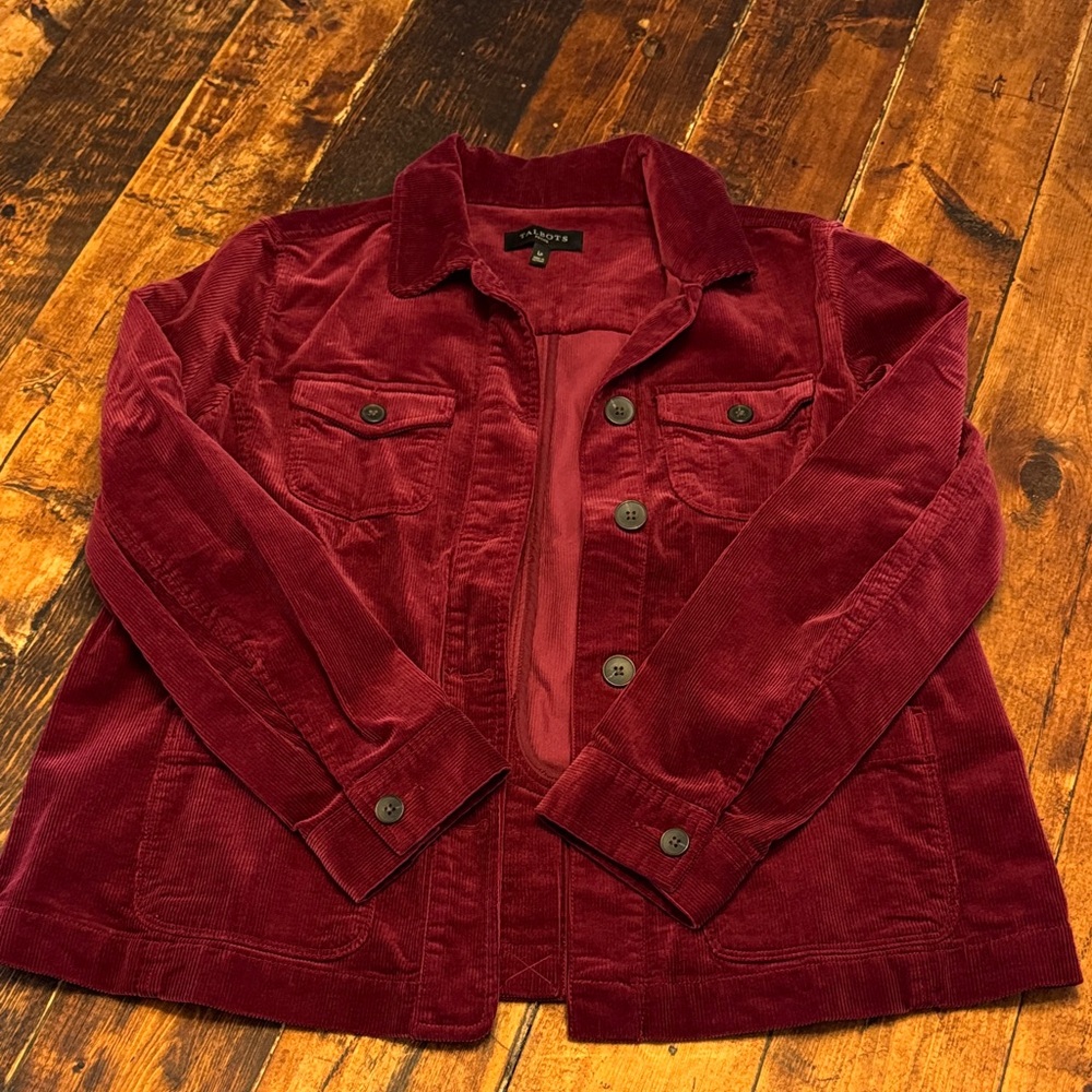 Talbots Womens Jacket size PL Maroon Corduroy Button front Pockets long sleeve